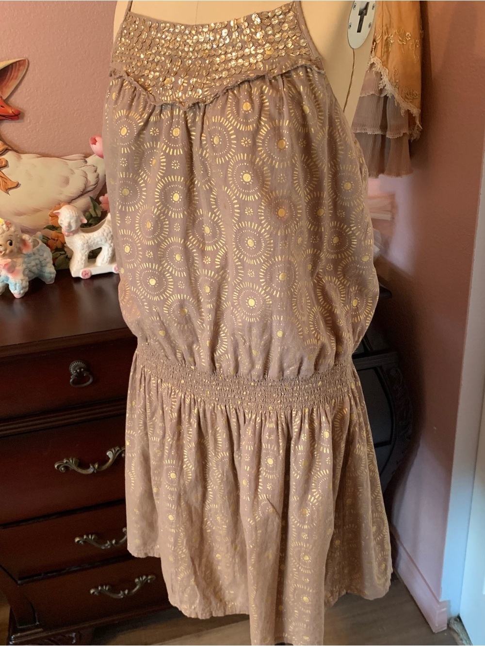 OLD NAVY Beige Metallic Eyelet Sleeveless Dress